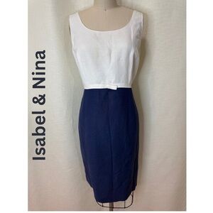 Isabel & Nina White Blue Colorblock Sheath Dress Bow Waist Size 8